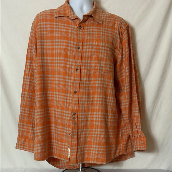 MK Mountain Khakis Orange Tan Plaid Flannel Casual Button Front Cotton Shirt - Picture 1 of 8
